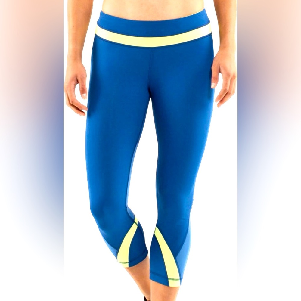 LULULEMON RUN INSPIRE BLUE W/YELLOW STRIPED WAIST BAND& HEM CROPPED LEGGINGS-S6